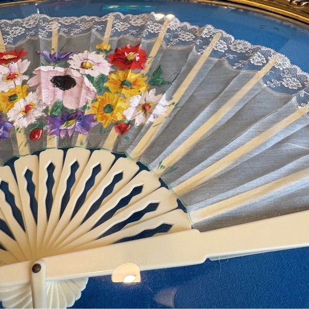 Ornate Victorian Hand Painted Fan In Frame Bubble French Shadow Box Brass Wall